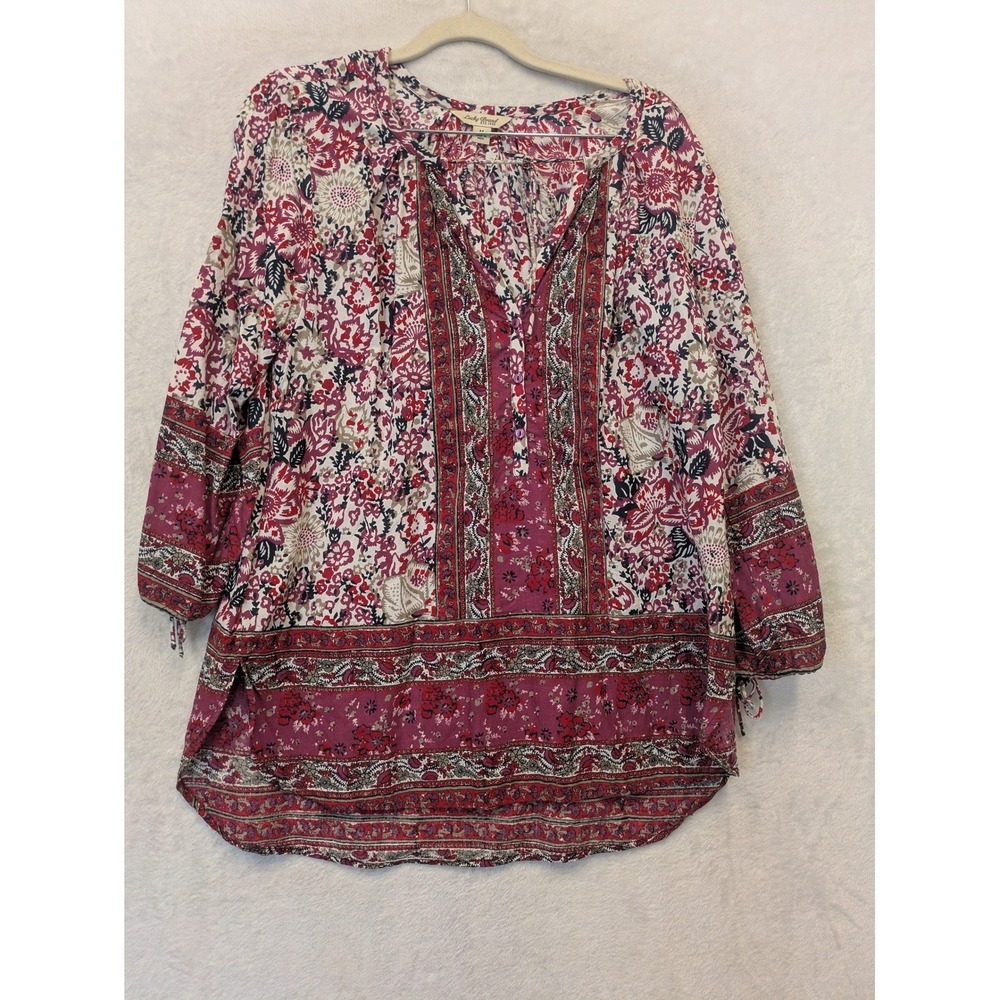 Lucky Brand Womens M Burgundy Floral Paisley Mixed Print Boho Peasant Blouse Top